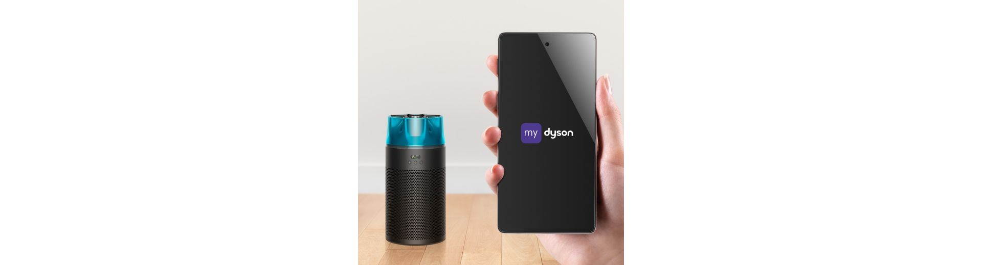 The Dyson HushJet Compact Purifier is controlled through the MyDyson app on a phone.