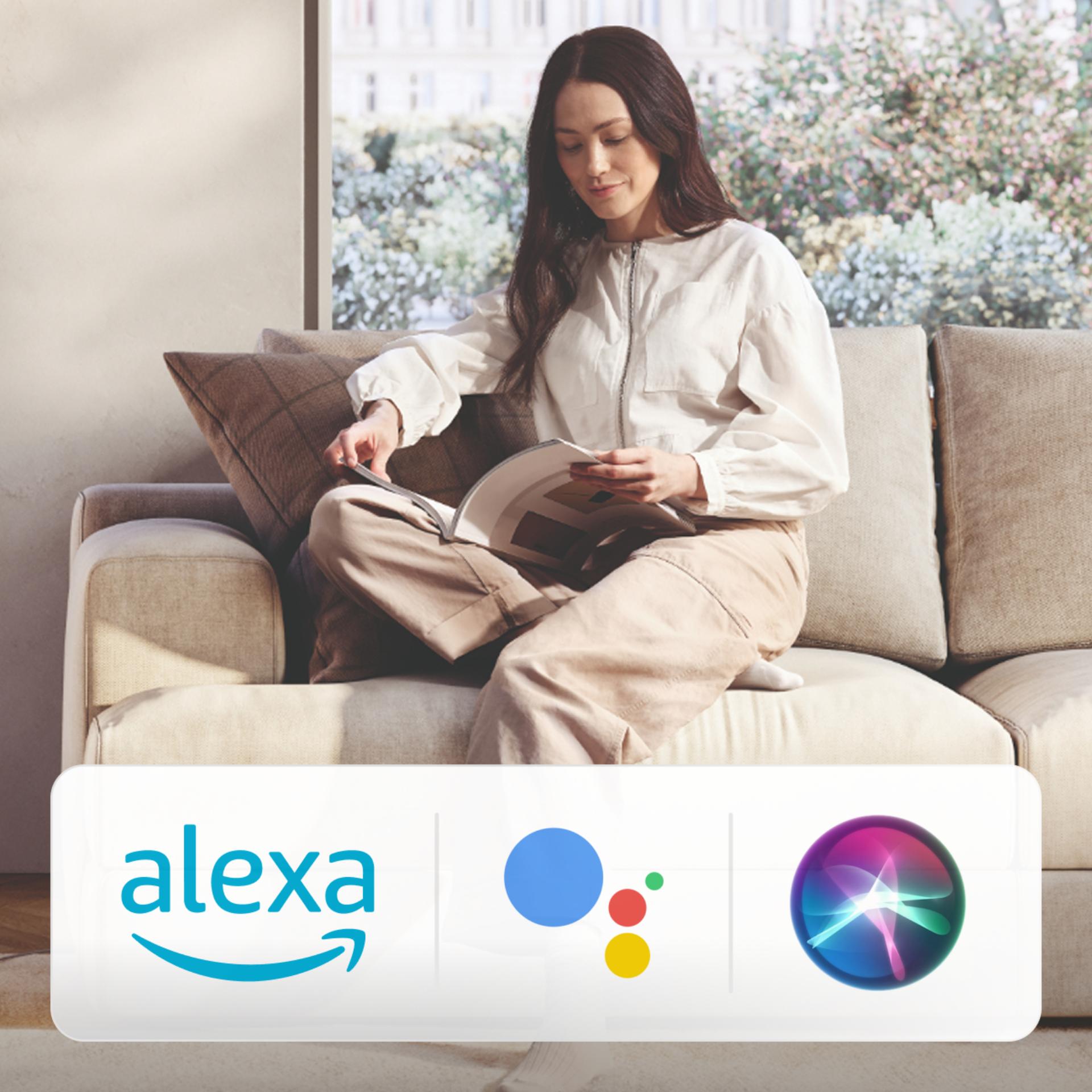 A Dyson Purifier projects air in a large living room. Logos for Amazon Alexa, Google Assistant and Siri.
