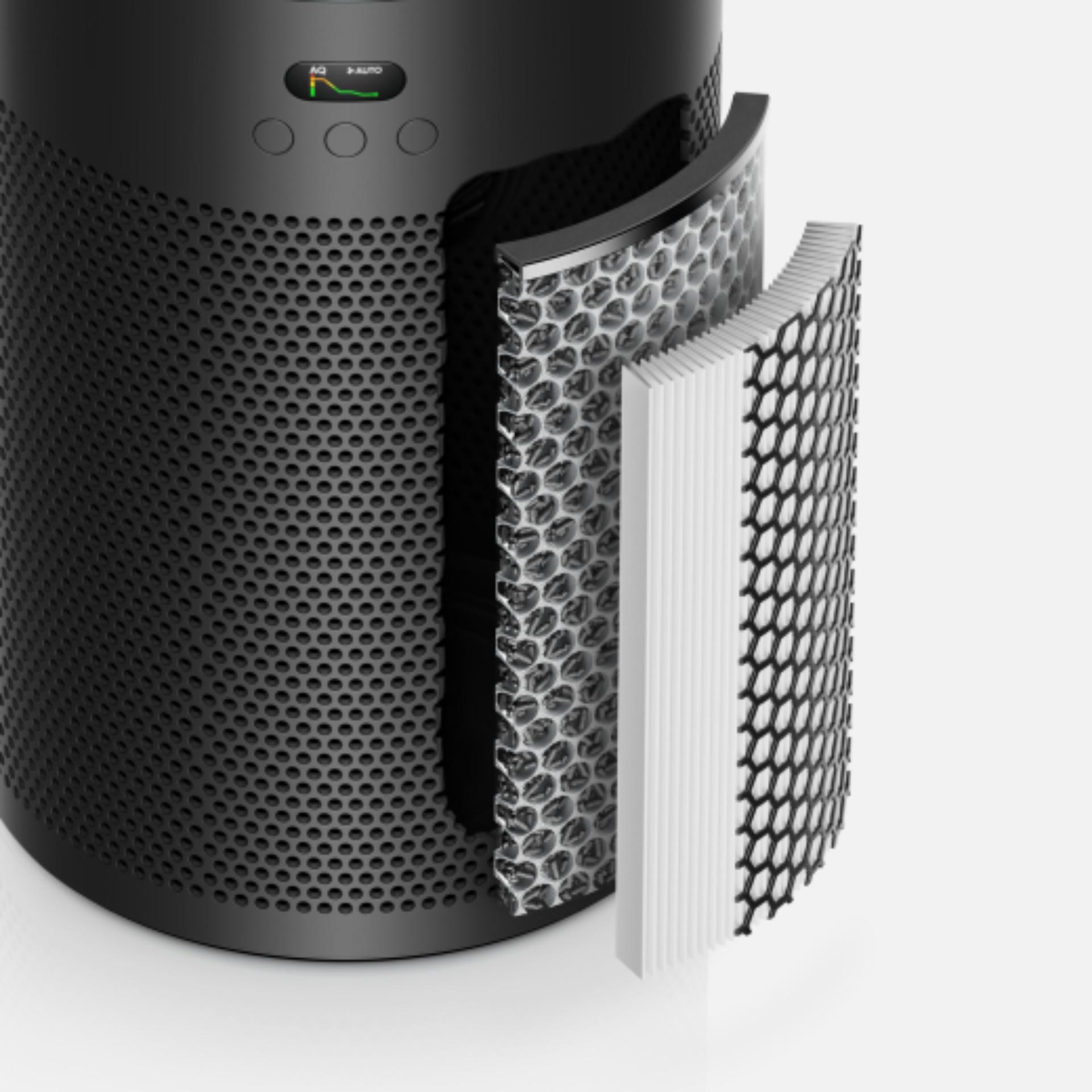 The MyDyson app gives a filter replacement notification next to the filters of the Dyson HushJet Compact Purifier.