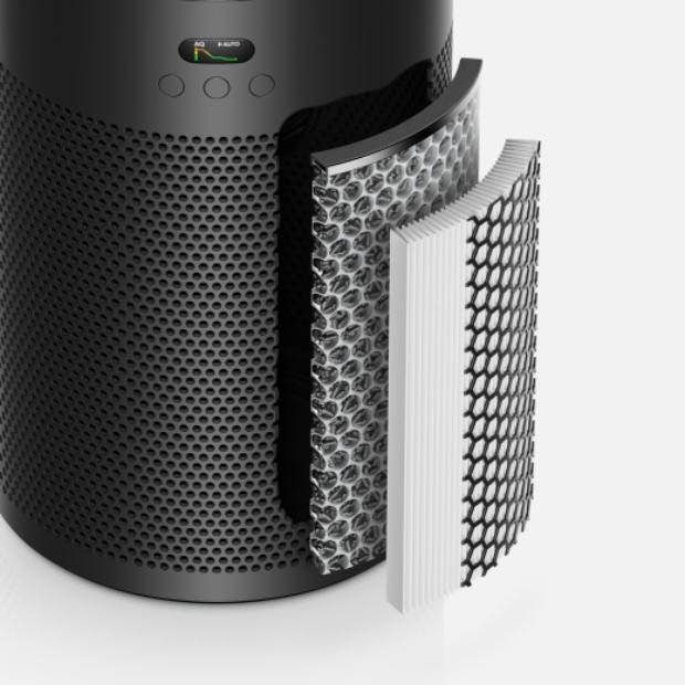 The MyDyson app gives a filter replacement notification next to the filters of the Dyson HushJet Compact Purifier.