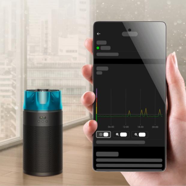 The MyDyson app gives a real-time overview of air quality with data from the Dyson HushJet Compact Purifier.