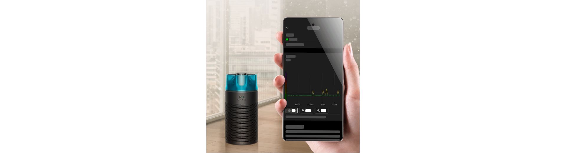 The MyDyson app gives a real-time overview of air quality with data from the Dyson HushJet Compact Purifier.