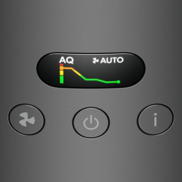 تعرض شاشة LCD مخططاً لجودة الهواء بمرور الوقت، مع ضبط المروحة على الوضع التلقائي.