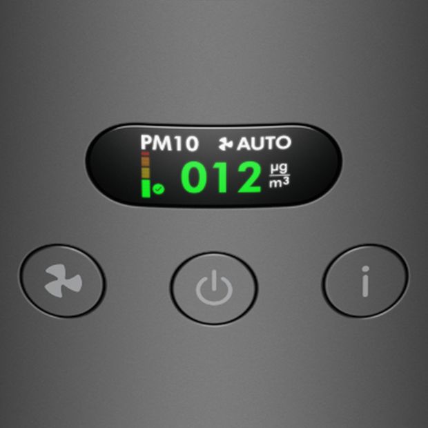 تعرض شاشة LCD عدد الجسيمات الأصغر من 10 ميكرون (PM10) بشكل مباشر أثناء تشغيل جهاز التنقية.