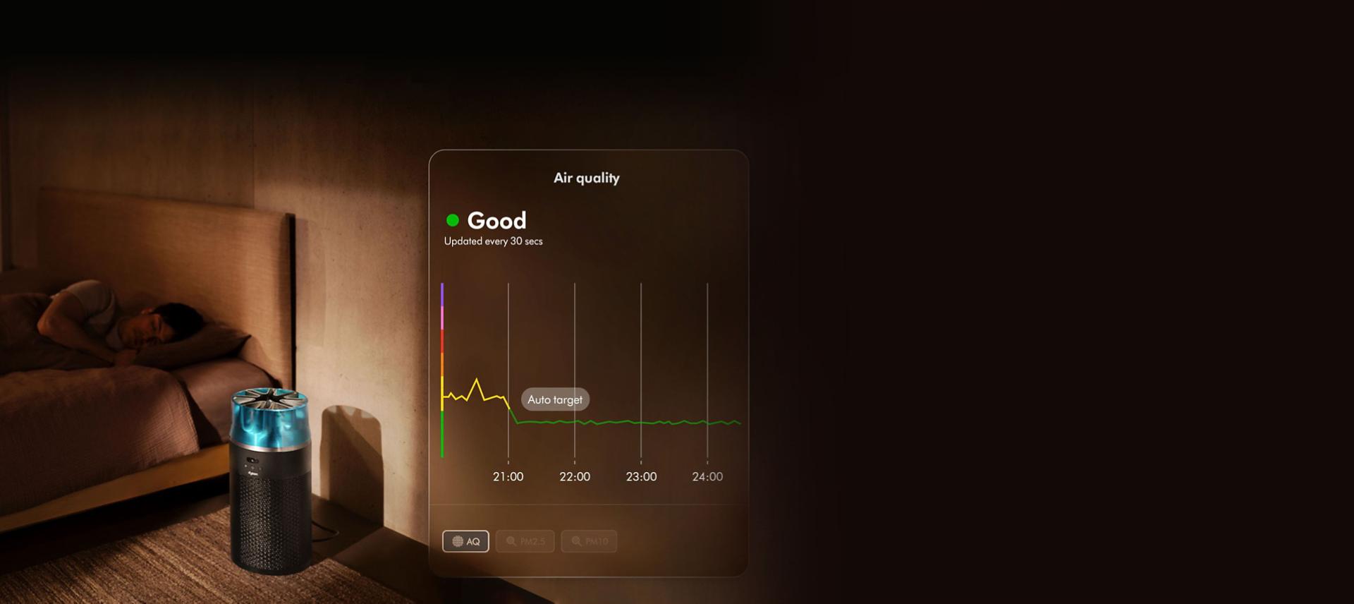 يعمل جهاز تنقية الهواء المدمج Dyson HushJet في غرفة نوم بجوار شخص نائم، مع عرض مخطط يوضح جودة الهواء مع مرور الوقت.