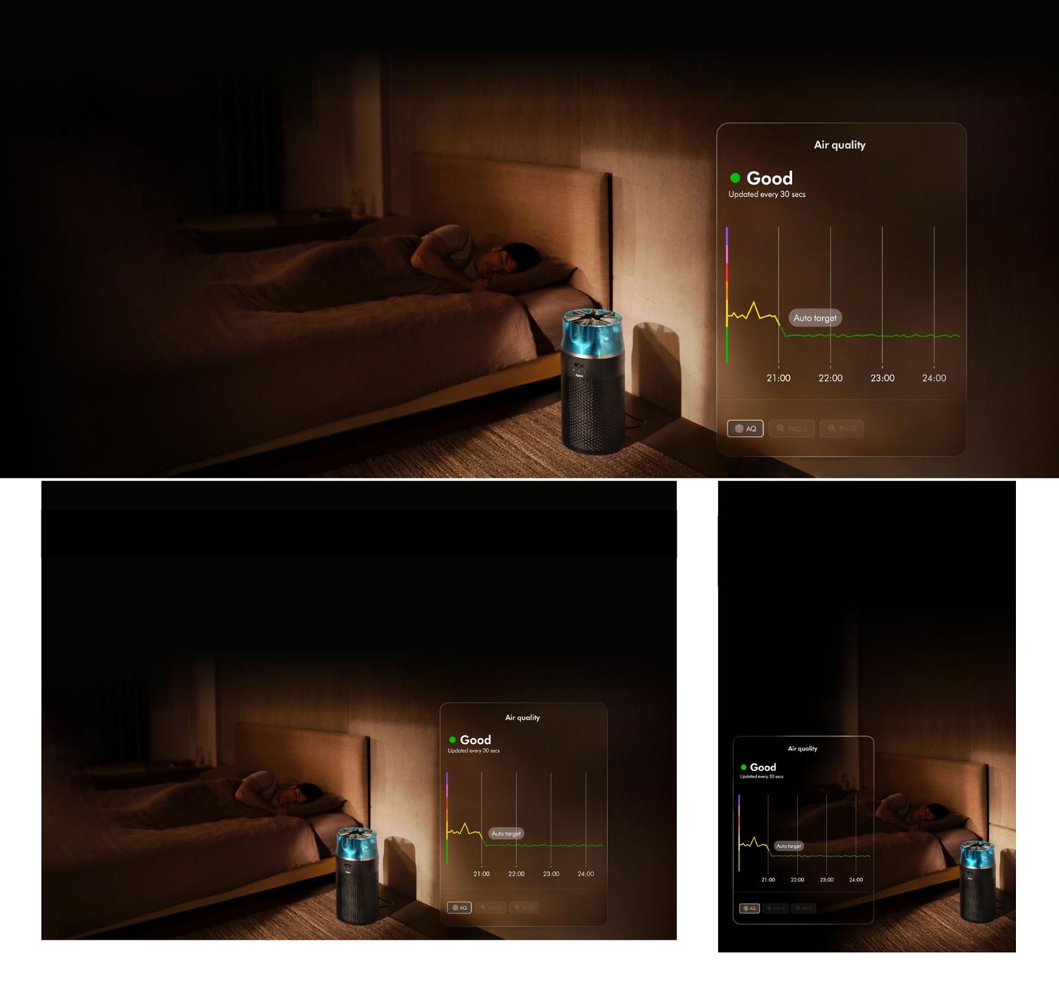 The Dyson HushJet Compact Purifier operates in a bedroom next to a sleeping person. A graph shows air quality over time.
