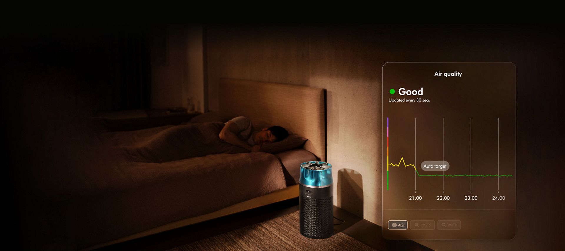 The Dyson HushJet Compact Purifier operates in a bedroom next to a sleeping person. A graph shows air quality over time.