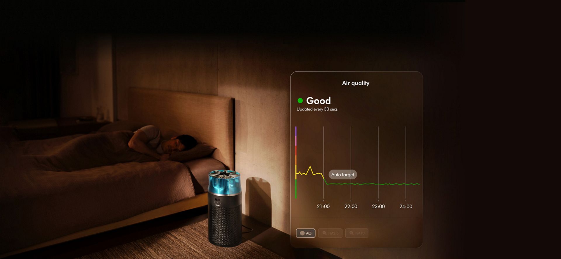 يعمل جهاز تنقية الهواء المدمج Dyson HushJet في غرفة نوم بجوار شخص نائم، مع عرض مخطط يوضح جودة الهواء مع مرور الوقت.