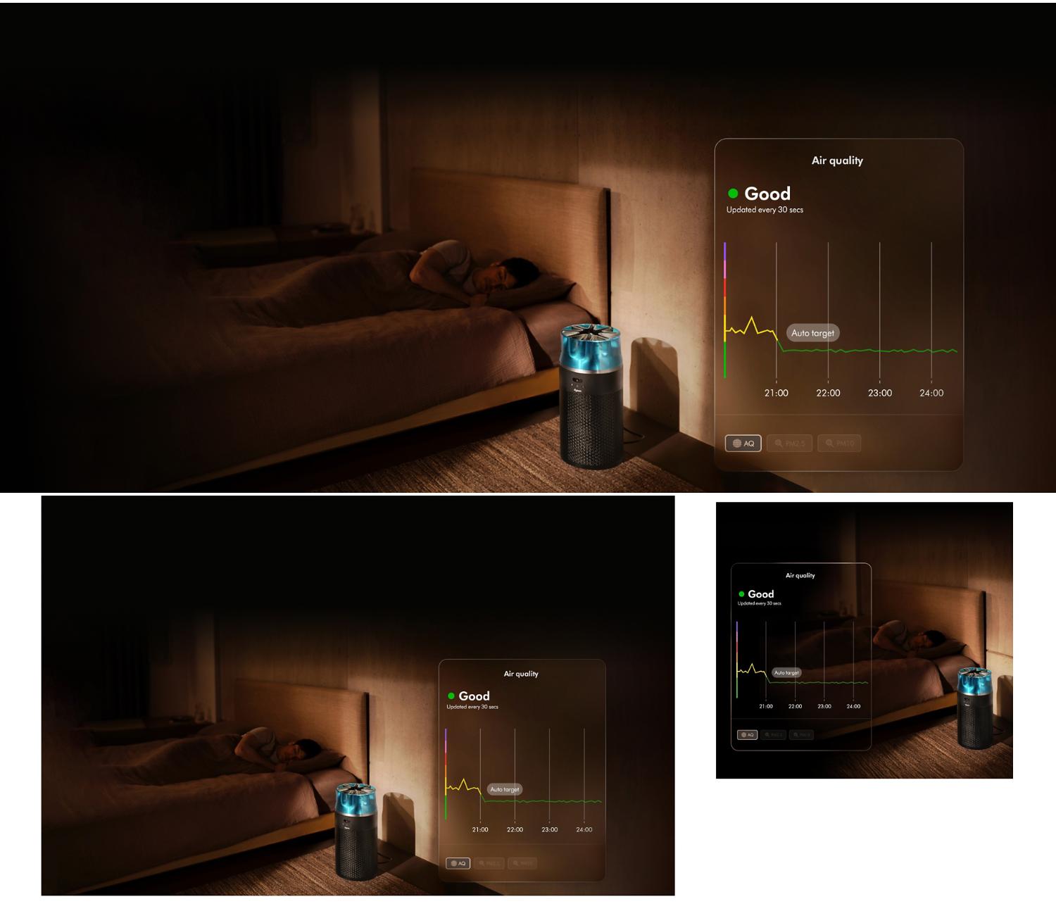 The Dyson HushJet Compact Purifier operates in a bedroom next to a sleeping person. A graph shows air quality over time.