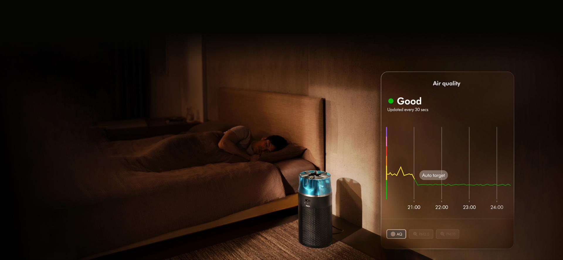 The Dyson HushJet Compact Purifier operates in a bedroom next to a sleeping person. A graph shows air quality over time.