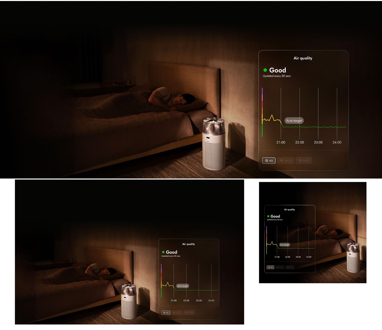 The Dyson HushJet Compact Purifier operates in a bedroom next to a sleeping person. A graph shows air quality over time.