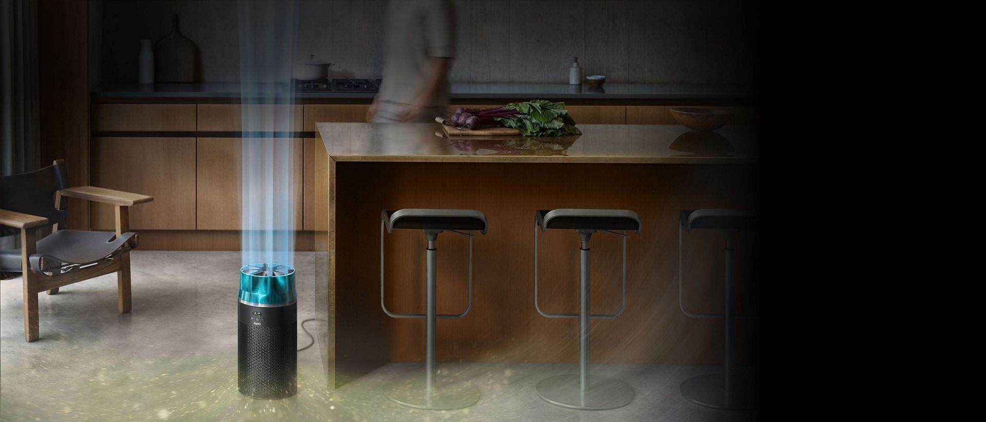 يقوم جهاز تنقية الهواء المدمج Dyson HushJet بتوزيع الهواء النقي في غرفة كبيرة.