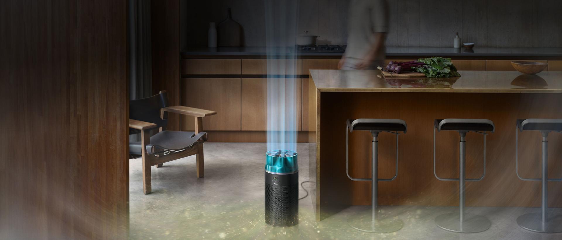 The Dyson HushJet Compact Purifier projects purified air in a large room.
