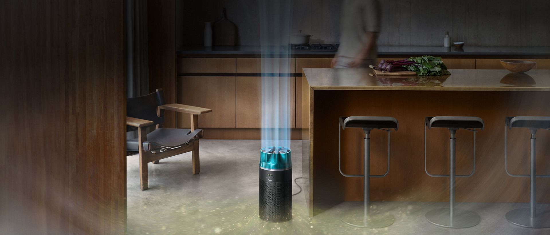 The Dyson HushJet Compact Purifier projects purified air in a large room.
