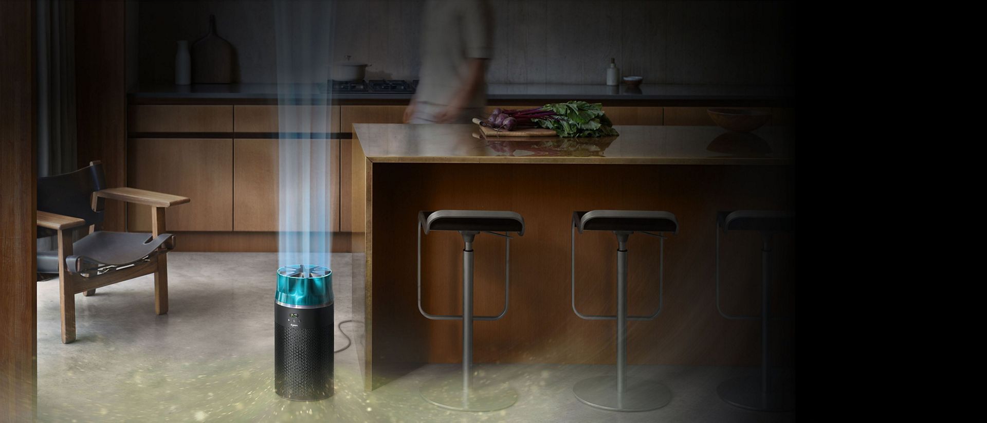 يقوم جهاز تنقية الهواء المدمج Dyson HushJet بتوزيع الهواء النقي في غرفة كبيرة.