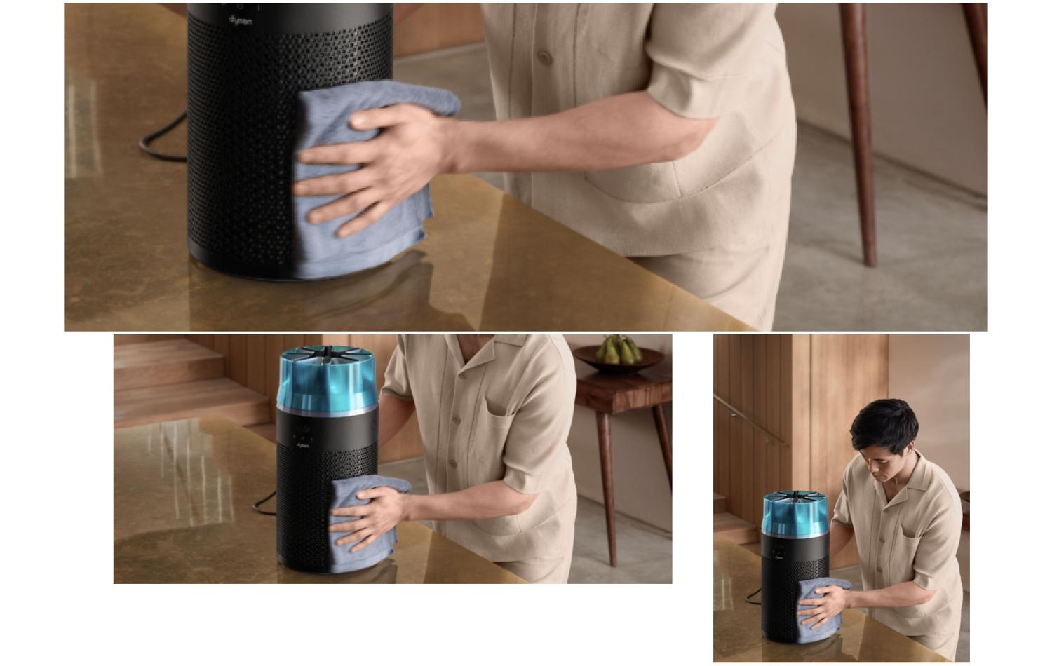 The Dyson HushJet Compact Purifier is wiped down with a cloth.