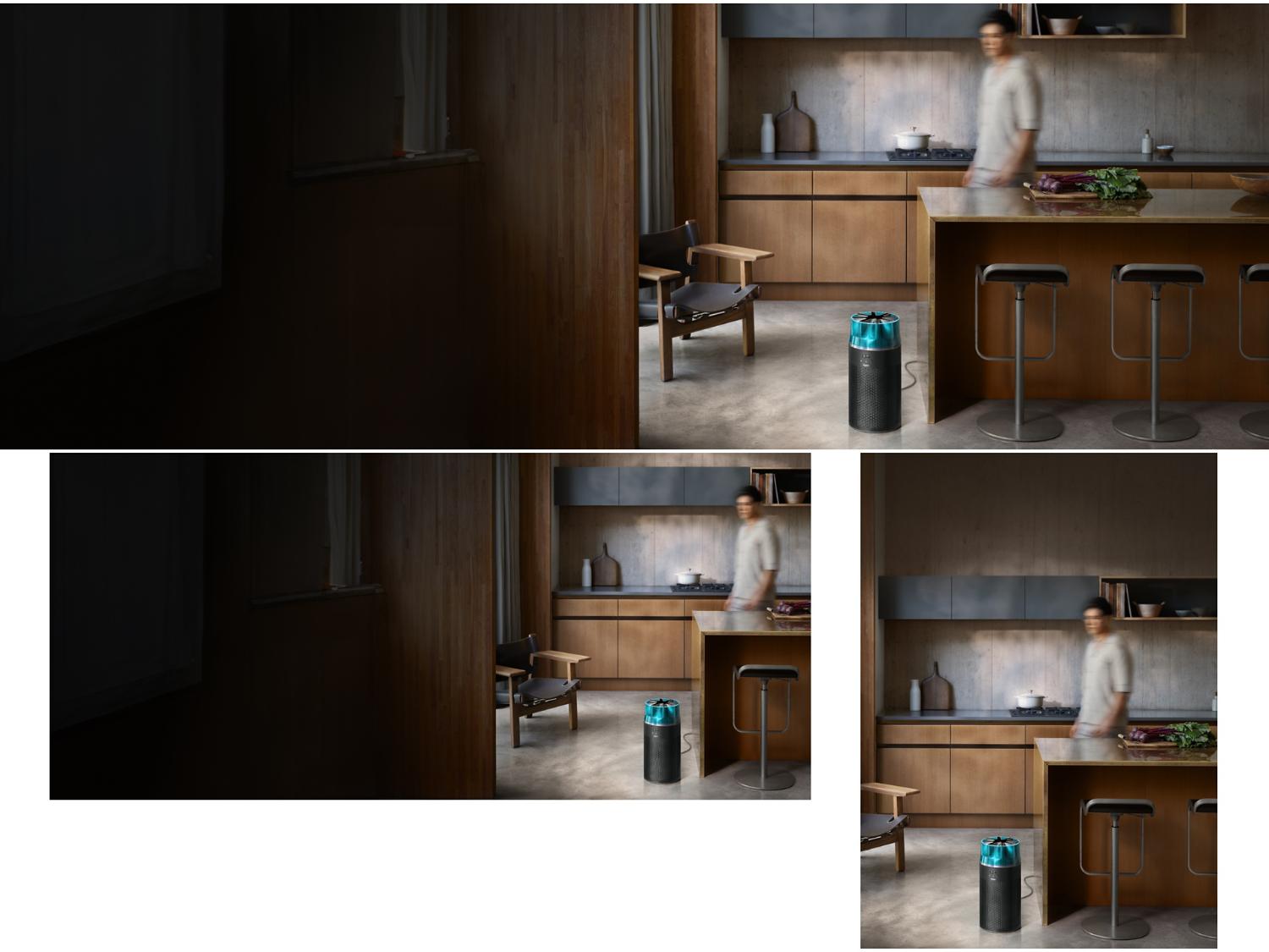 The Dyson HushJet Compact Purifier next to a kitchen island.