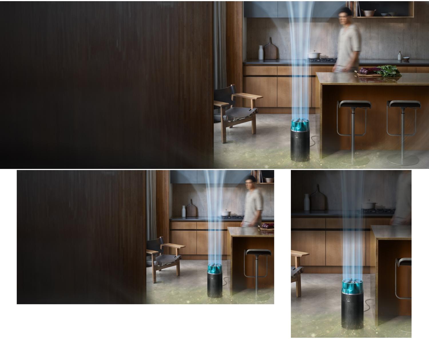 The Dyson HushJet Compact Purifier projects purified air in a kitchen.