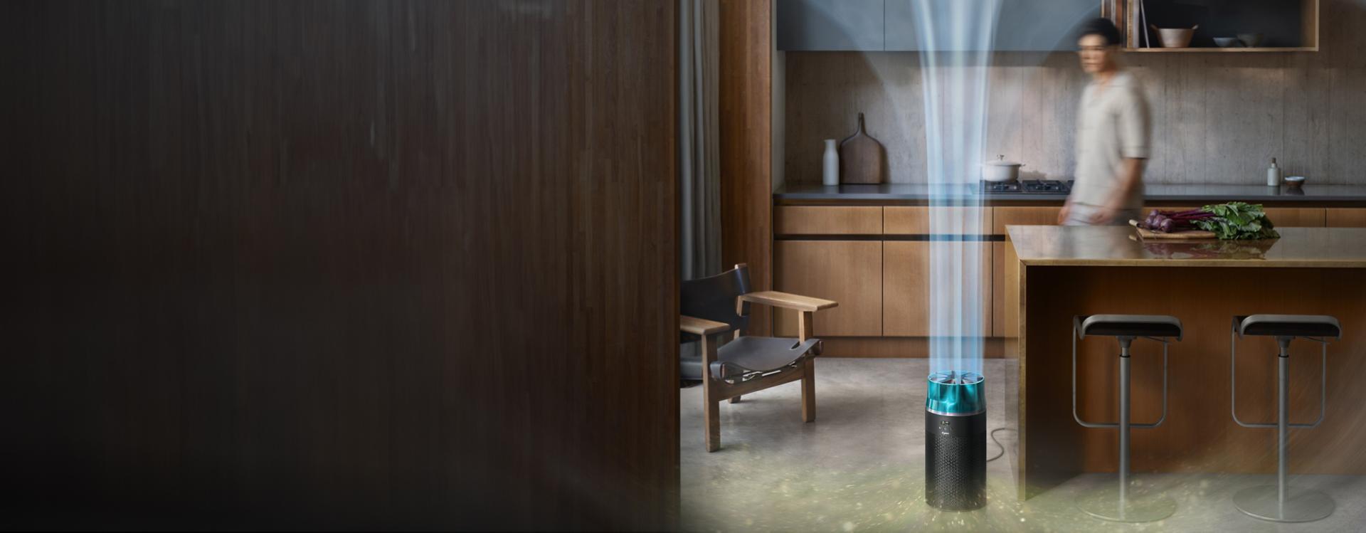 The Dyson HushJet Compact Purifier projects purified air in a kitchen.