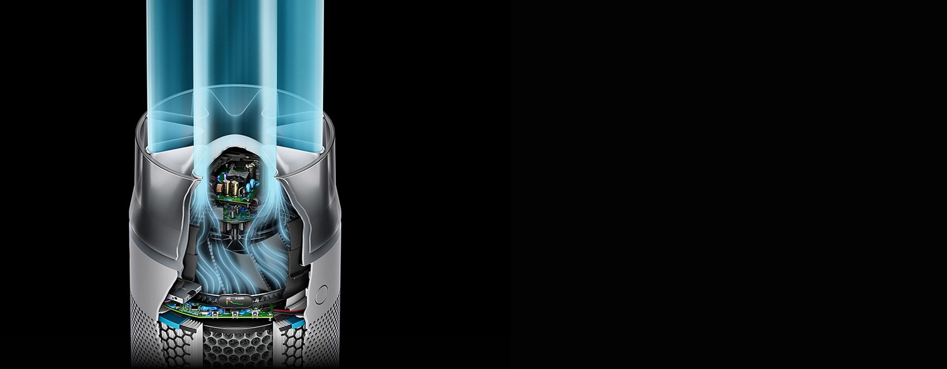 يقوم جهاز تنقية الهواء المدمج Dyson HushJet بتوجيه تدفق الهواء عبر كاتمات الصوت.