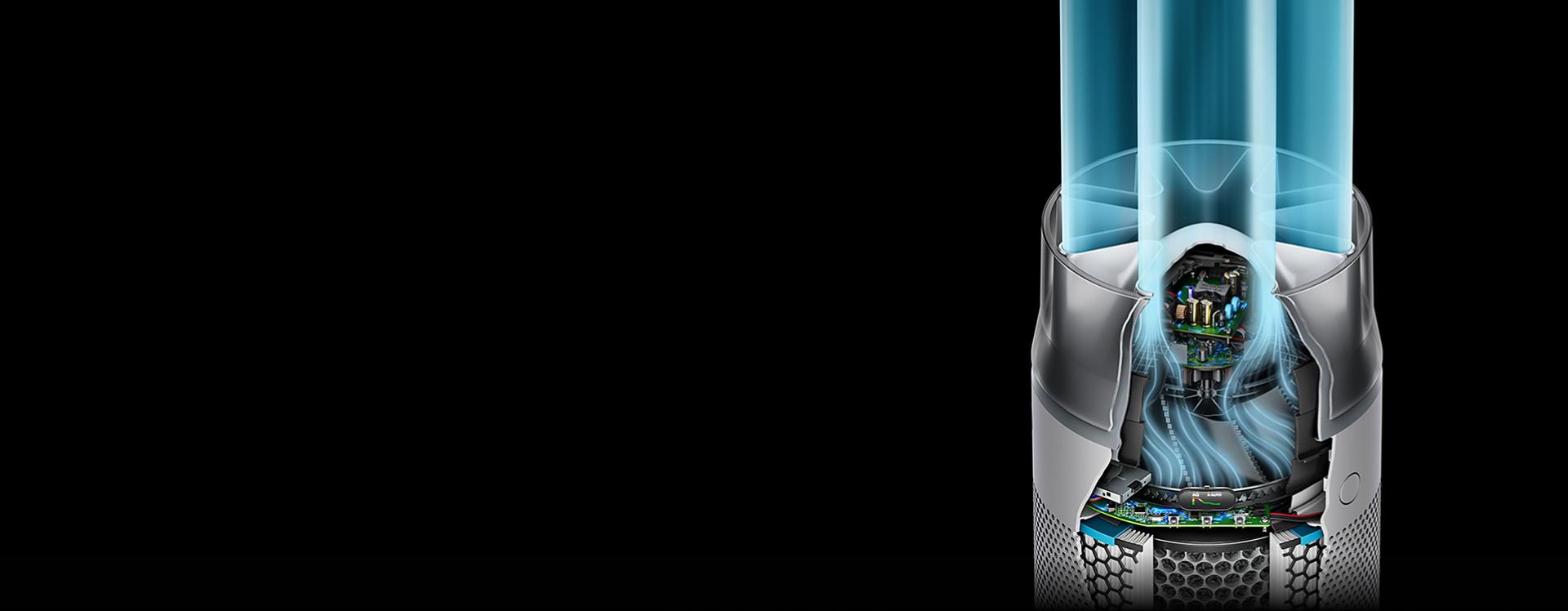 Kompaktne õhupuhasti Dyson HushJet suunab õhuvoolu läbi vaigistuskomplekti.