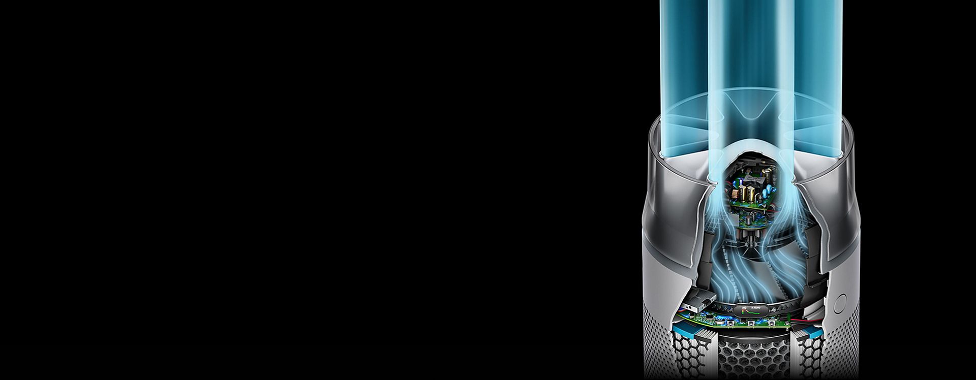 Kompaktne õhupuhasti Dyson HushJet suunab õhuvoolu läbi vaigistuskomplekti.