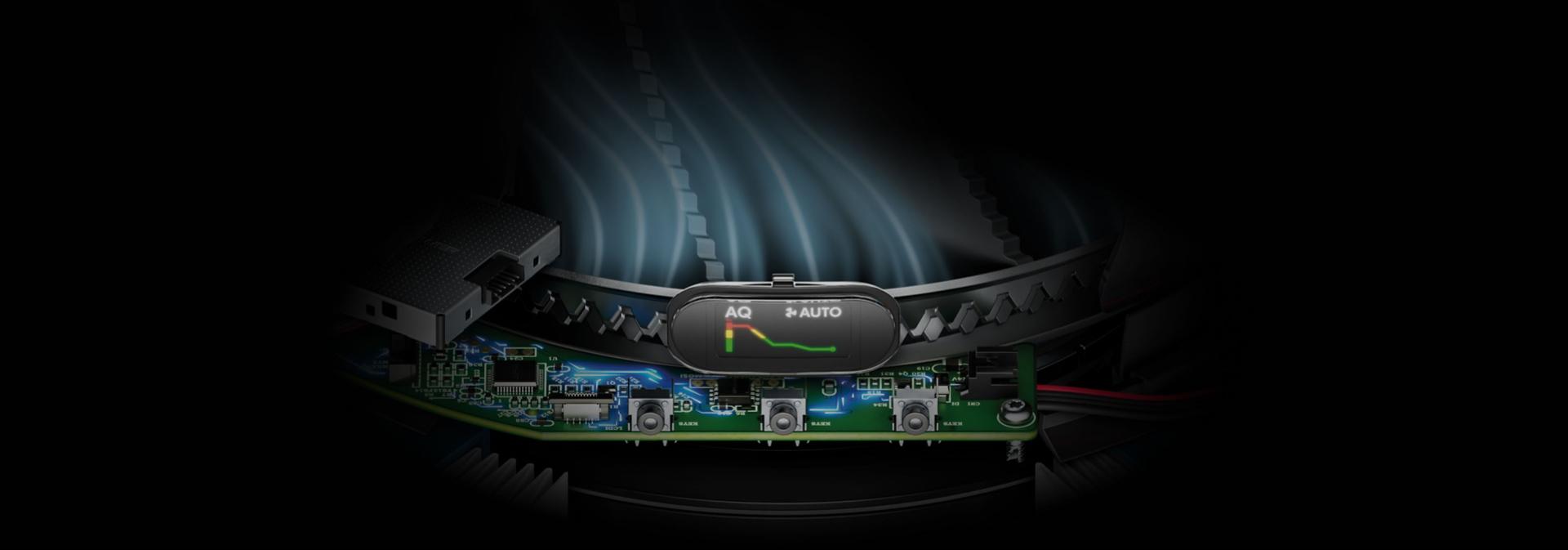 An air quality graph shown on the LCD screen of the Dyson HushJet Compact Purifier.