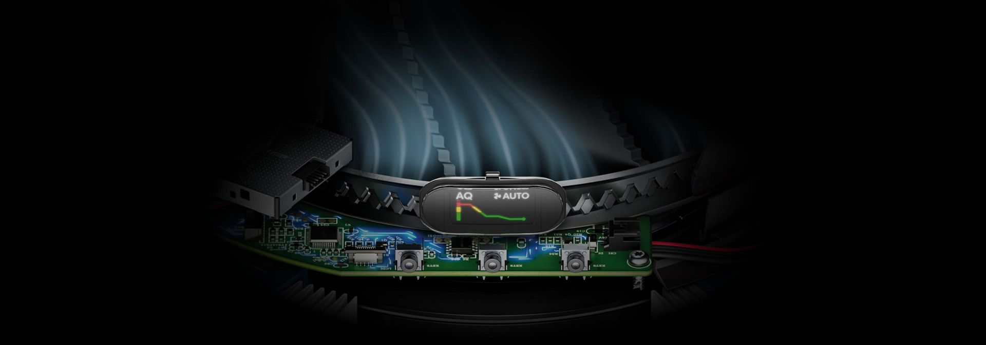 An air quality graph shown on the LCD screen of the Dyson HushJet Compact Purifier.