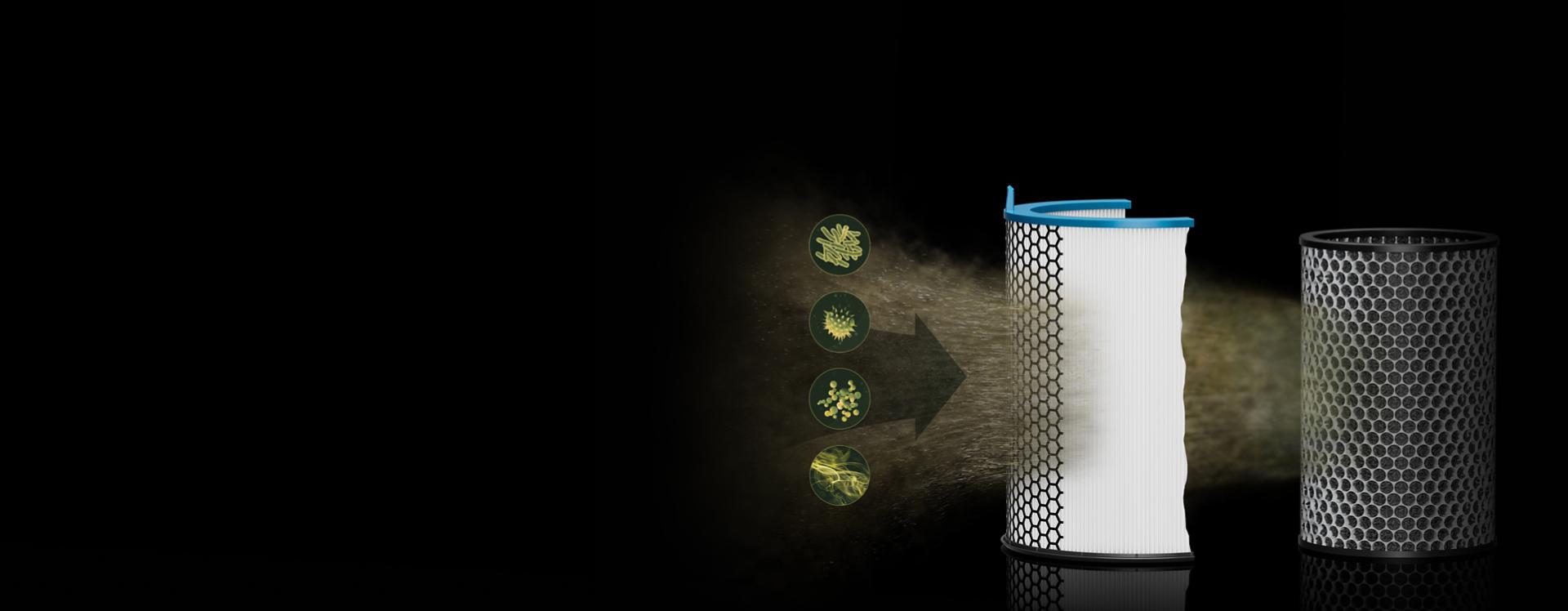 The Dyson HushJet Compact Purifier’s double-layer filtration removes allergens, pollutants, odours and gases from the air.