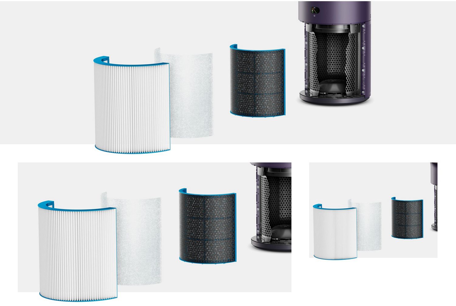Exploded graphic shows the multiple filtration layers of the HushJet Big+Quiet Cool Pure + Formaldehyde purifier.
