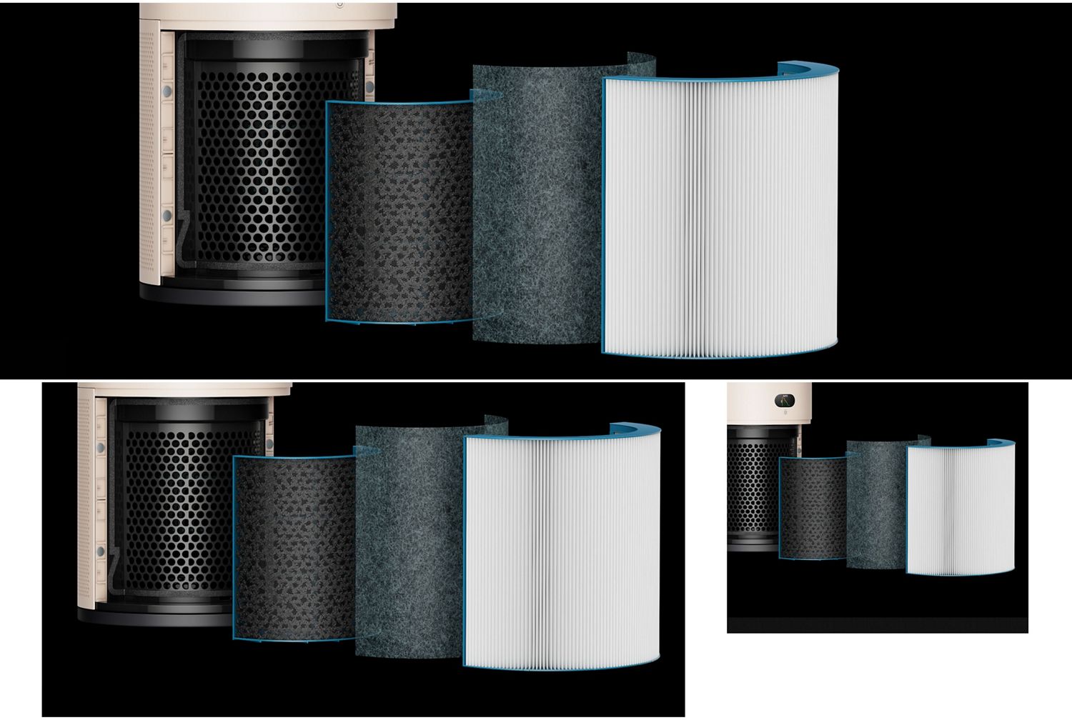 Exploded graphic shows the multiple filtration layers of the Dyson HushJet Cool Pure + Formaldehyde purifier.