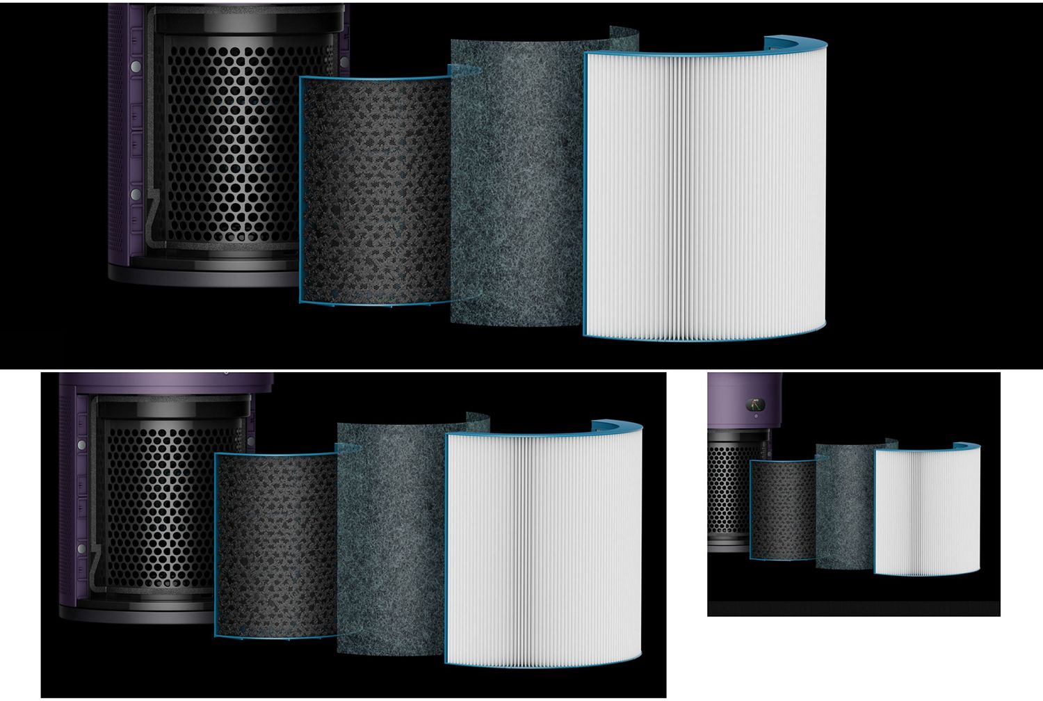 Exploded graphic shows the multiple filtration layers of the Dyson HushJet Cool Pure + Formaldehyde purifier.