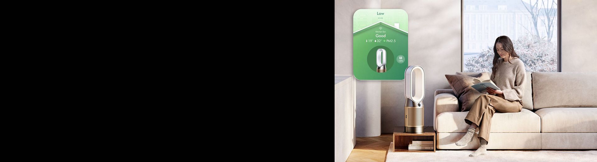 Dyson Purifier Hot+Cool HP2 De-NOx with app controls next to a woman reading a book.