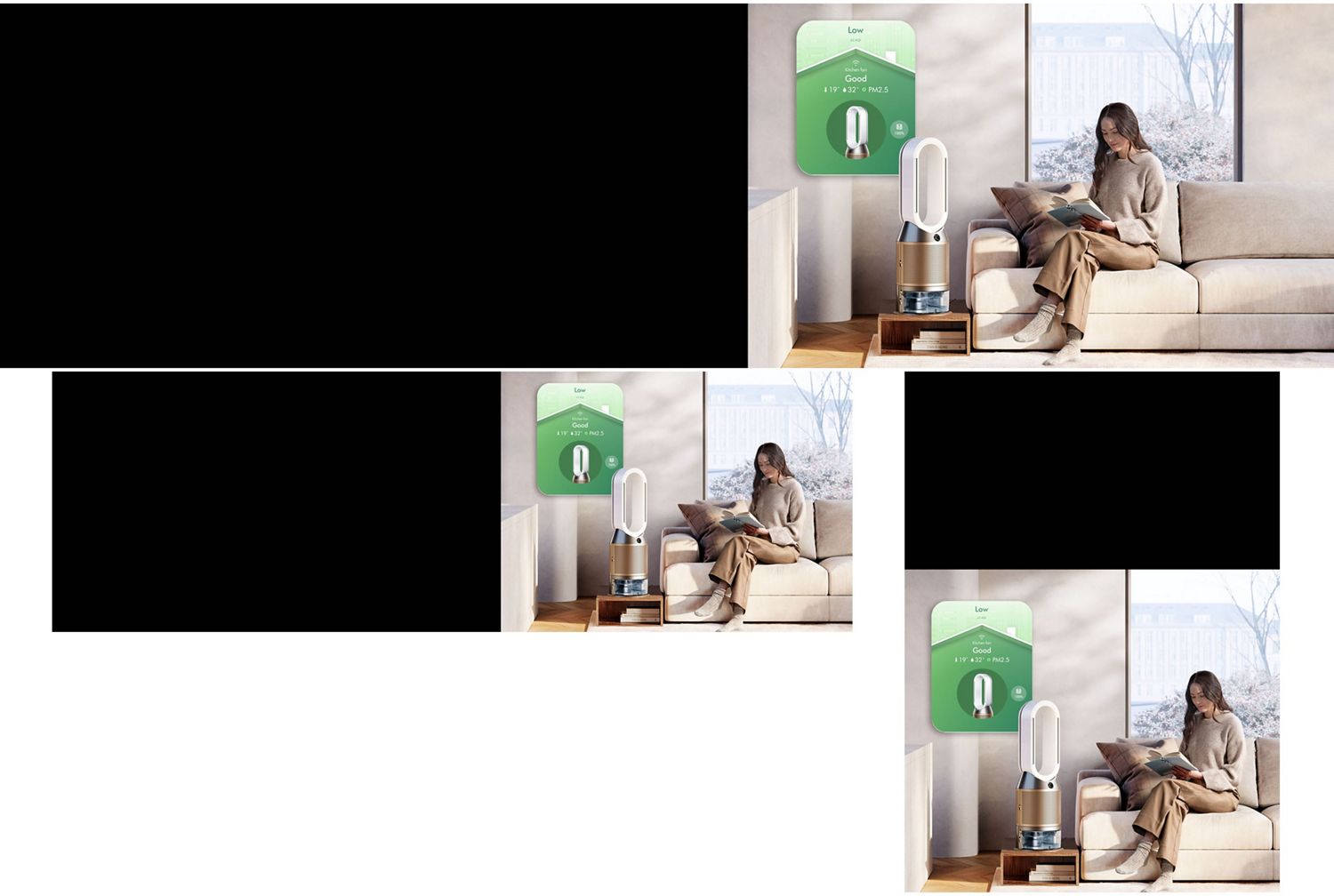 Dyson Purifier Humidify+Cool PH2 De-NOx with app controls next to a woman reading a book.