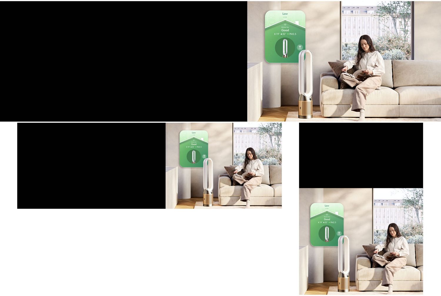 Dyson Purifier Cool PC2 De-NOx with app controls next to a woman reading a book.