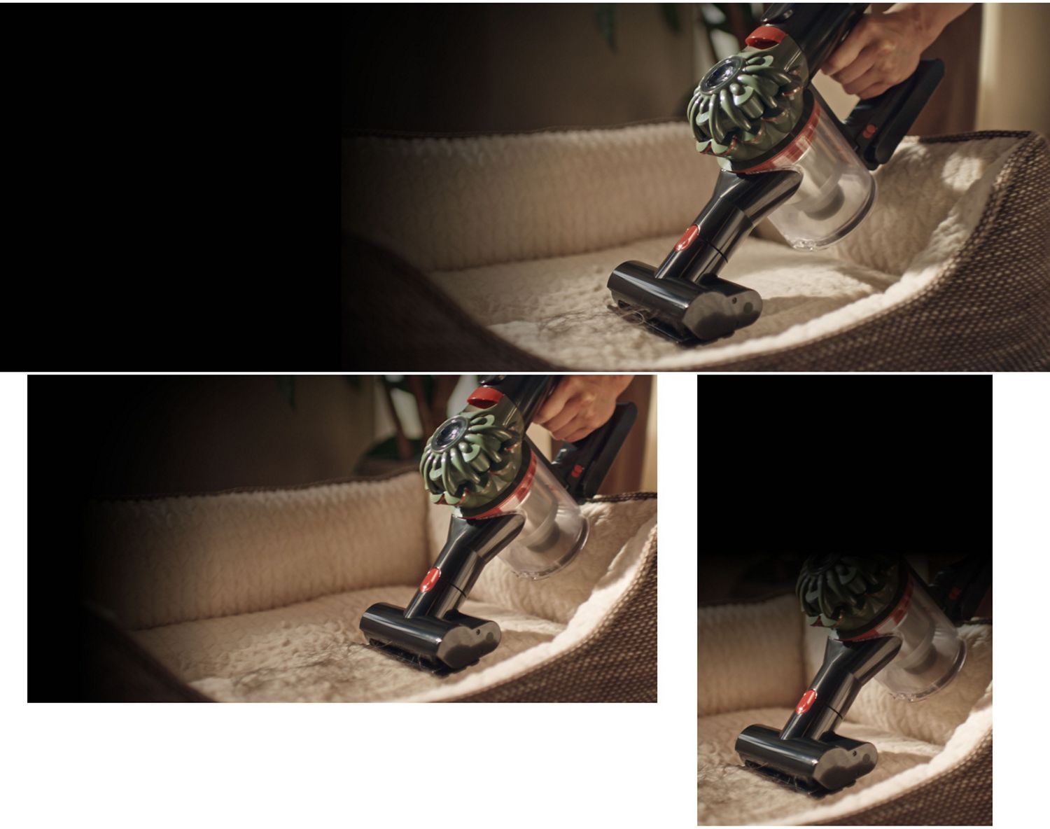 The Dyson V8 Cyclone vacuum is used with the Mini motorised tool to clean a pet bed.