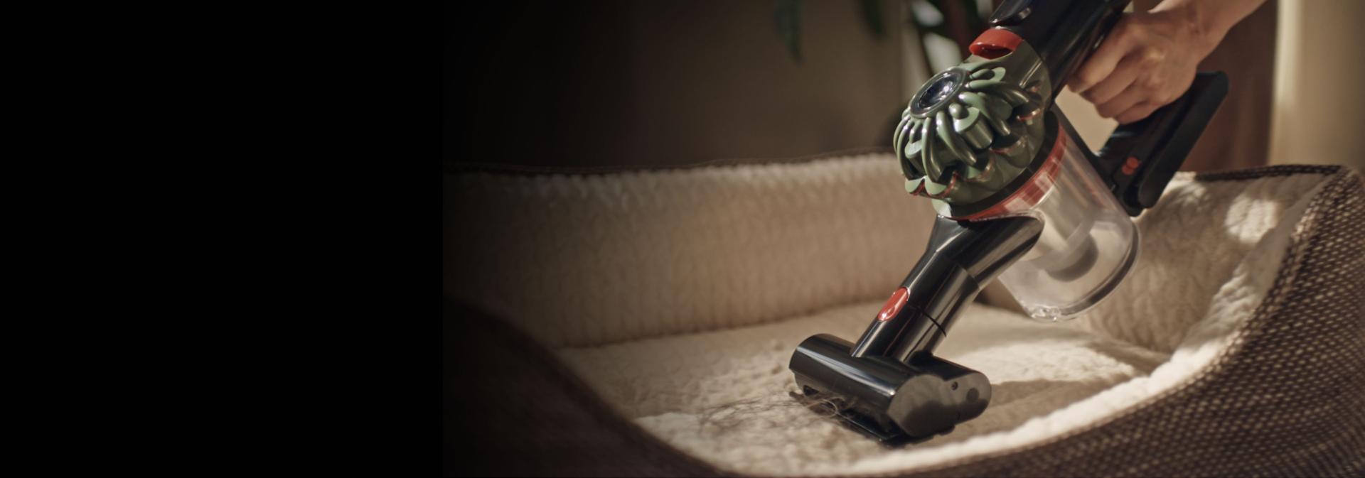 The Dyson V8 Cyclone vacuum is used with the Mini motorised tool to clean a pet bed.