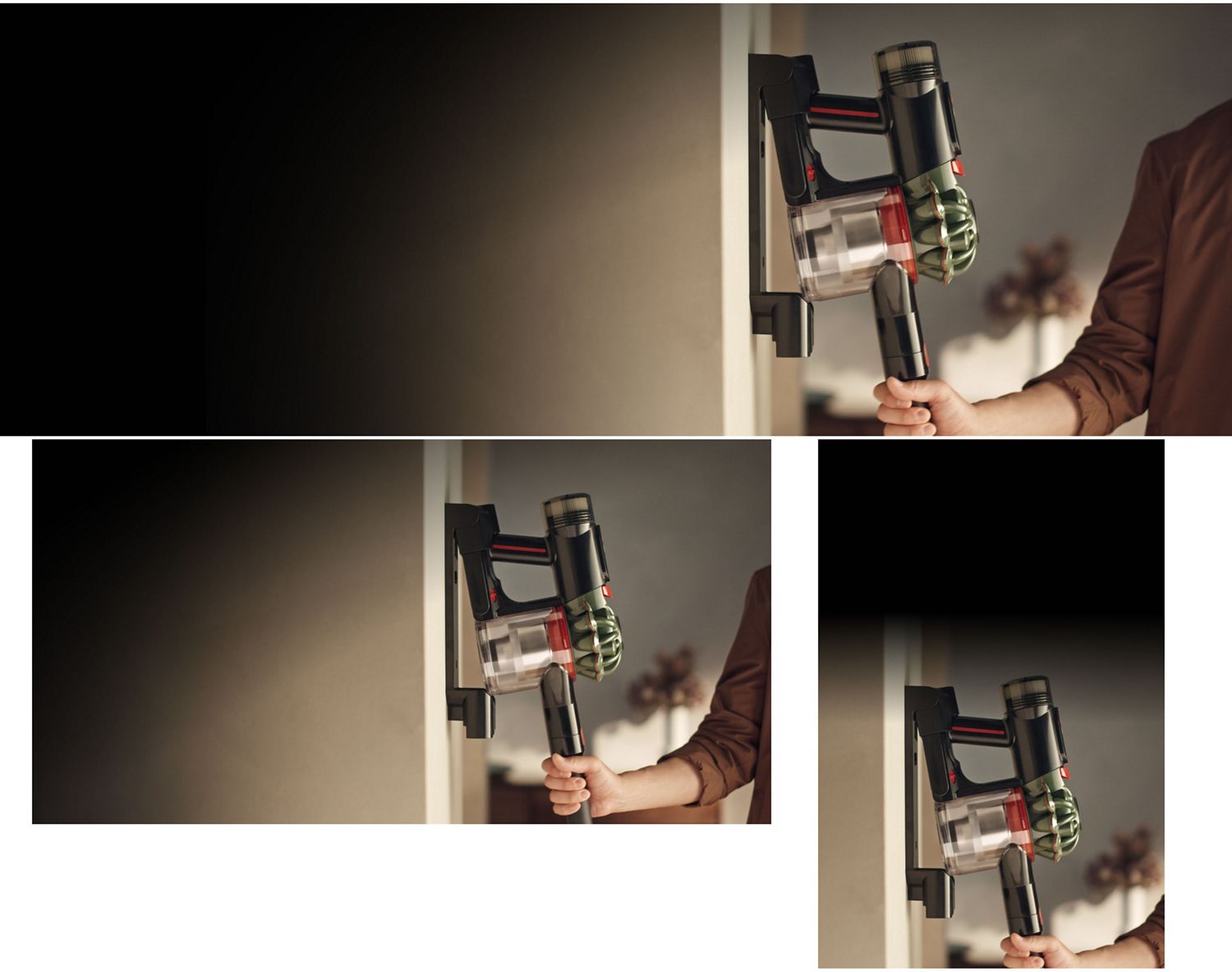 The Dyson V8 Cyclone vacuum is returned to its charging dock.