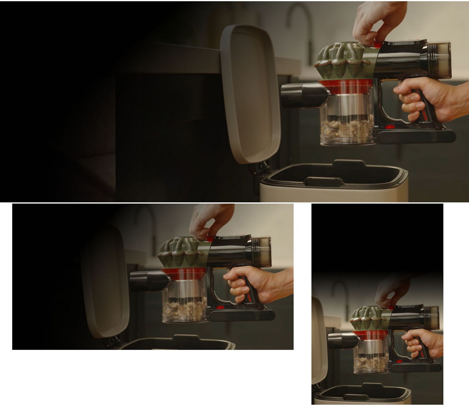 L’aspirateur sans fil Dyson V8 Cyclone est vidé dans une poubelle domestique.