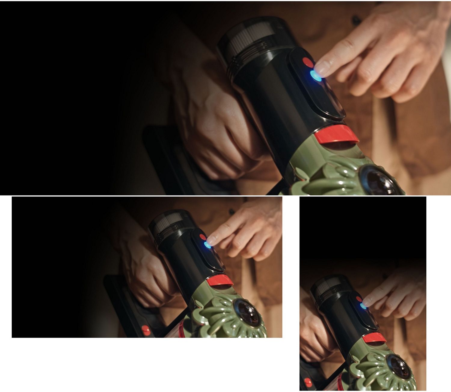 Le bouton de sélection du mode de puissance situé sur le dessus de l’aspirateur Dyson V8 Cyclone.