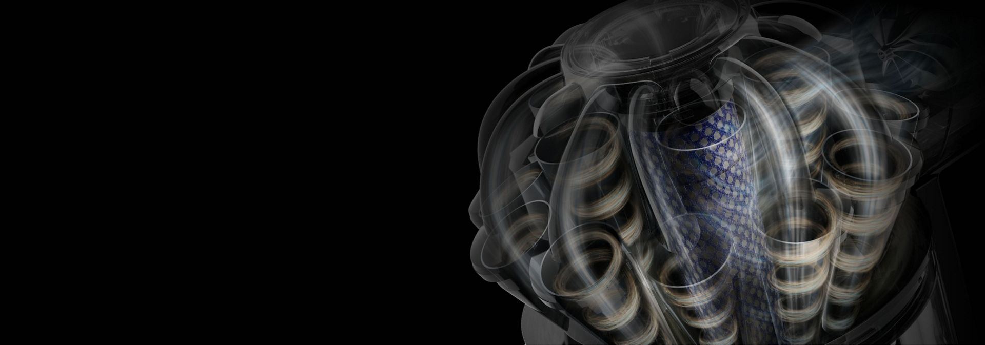 Dyson radial cyclone technology separates dust and from the airflow.