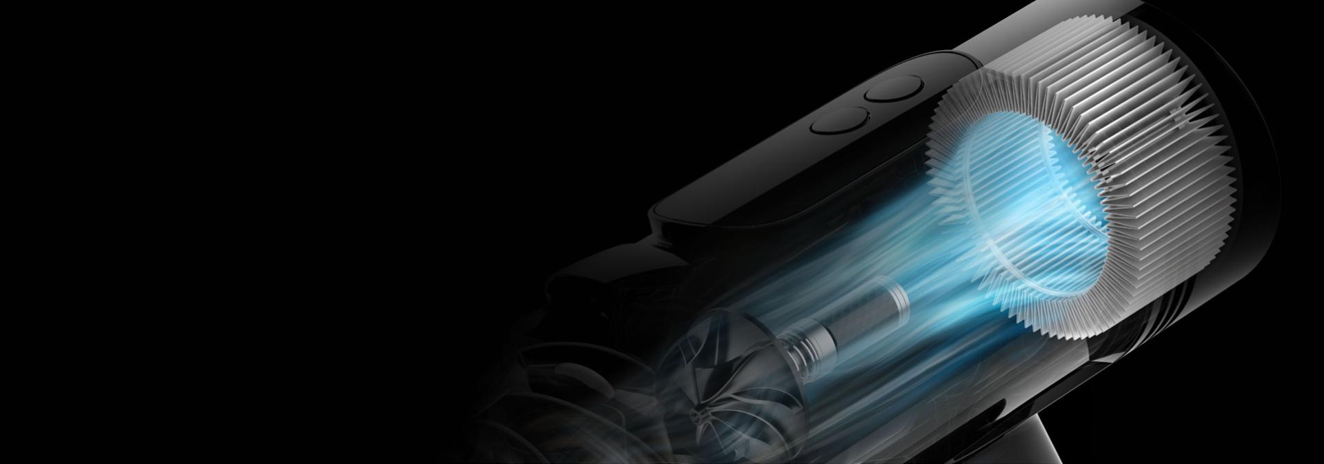 Filtras „Dyson V8 Cyclone“ dulkių siurblio viduje.