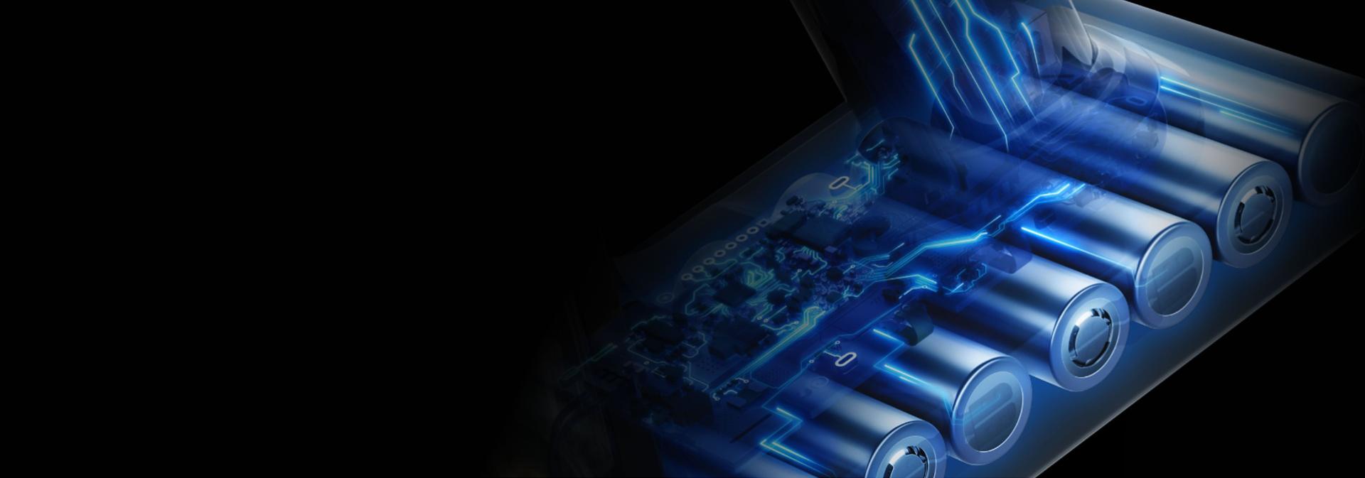 Dulkių siurblio „Dyson V8 Cyclone“ galingas 7 elementų ličio akumuliatorius.