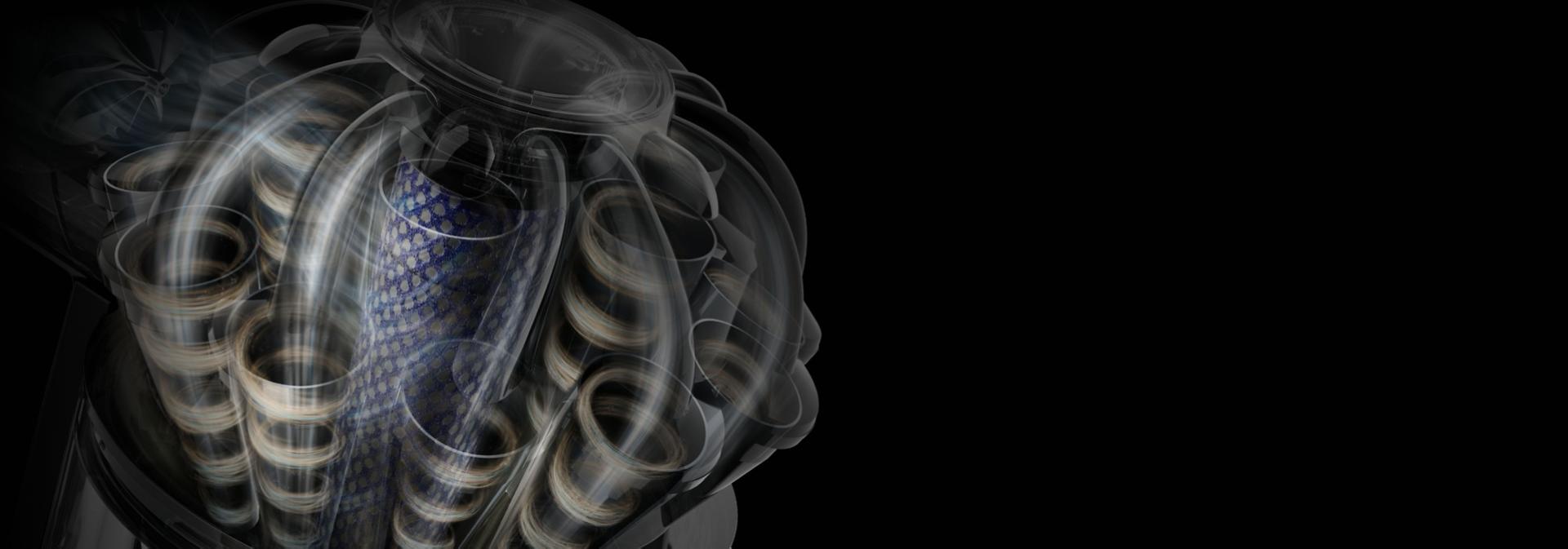 تفصل تقنية الإعصارة الشعاعية من دايسون الغبار عن تدفق الهواء.