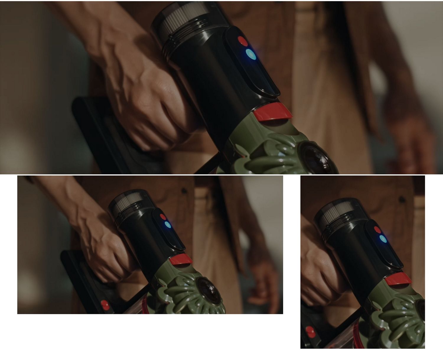 The power mode control button on the top of the Dyson V8 Cyclone vacuum cleaner.