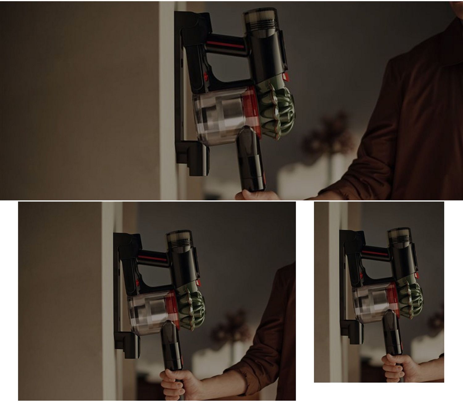 The Dyson V8 Cyclone cordless vacuum is retrieved from its Wall dock.