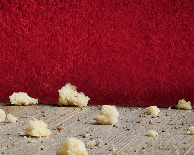 Fluffy 클리너 헤드가 미세한 먼지와 큰 이물질을 청소하는 동안 직조된 나일론 소재의 클로즈업.