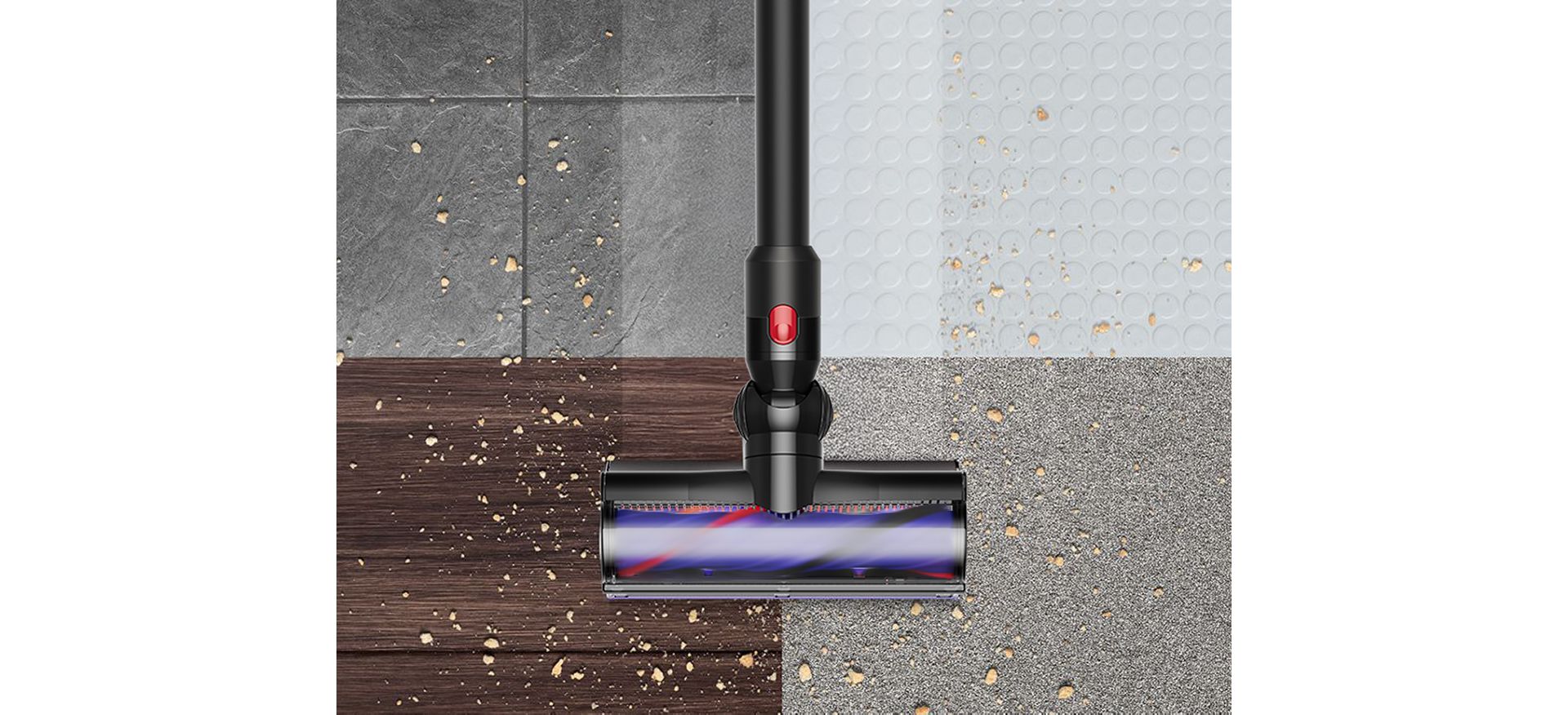 Capul de curățare Dyson Motorbar curăță diferite tipuri de pardoseală.