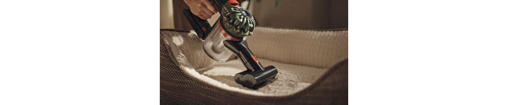 The Dyson V8 Cyclone vacuum is used with the Mini motorised tool to clean a pet bed.