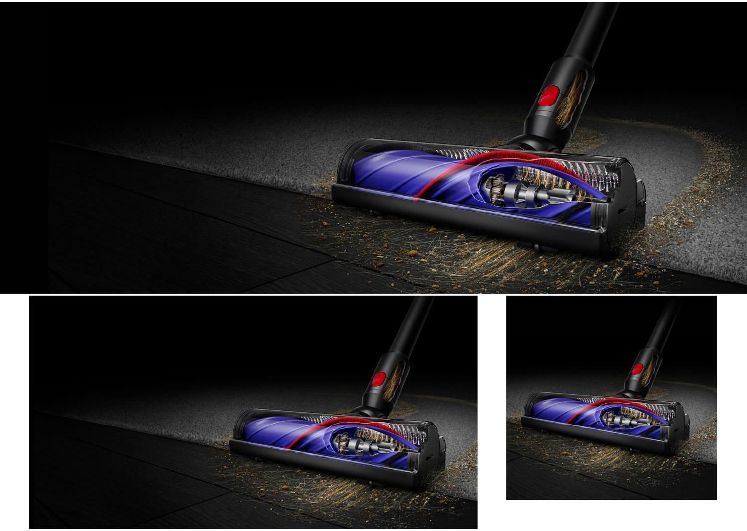 The Dyson Motorbar cleaner head cleans debris between carpet and a hard floor.